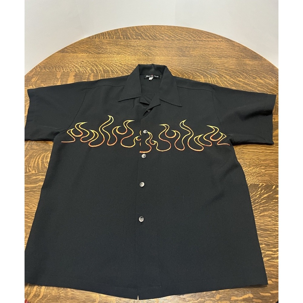 Vintage Johnny Suede Shirt Mens XL Black Flame Embroidered Button Up
